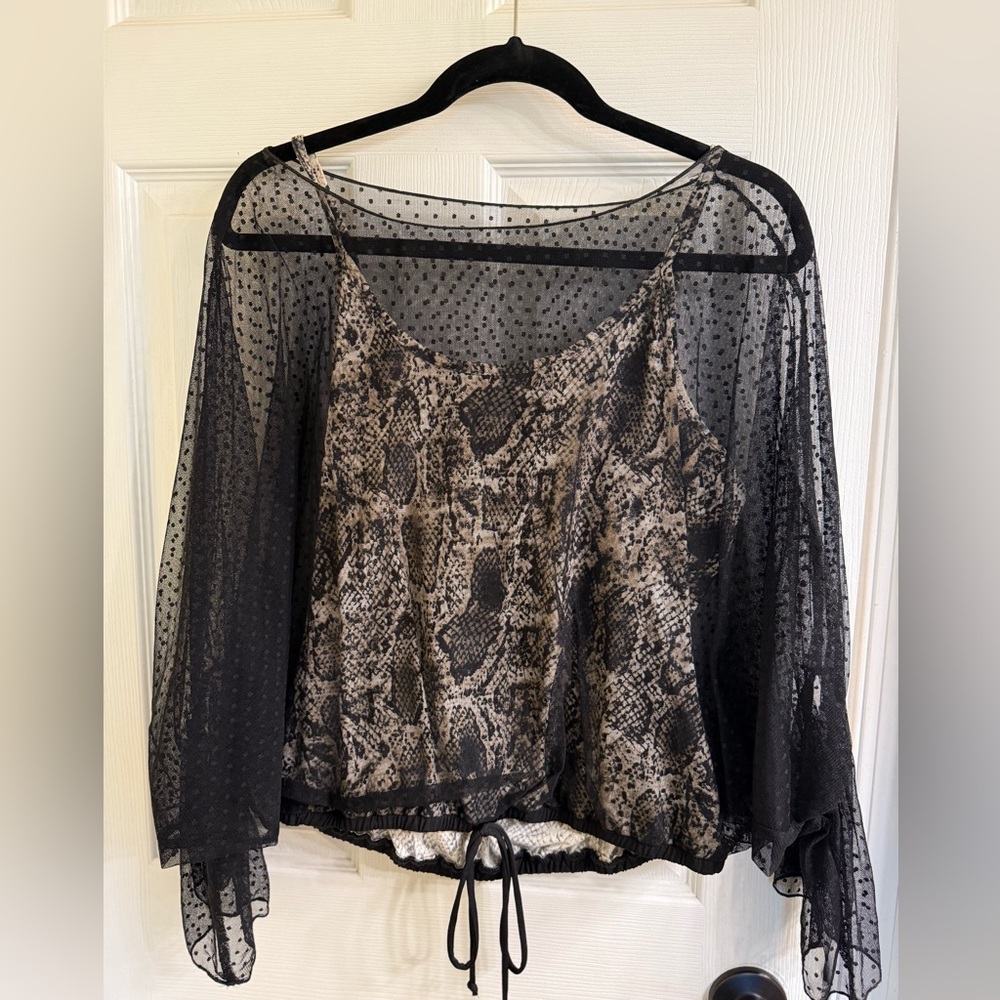 VENUS Black and Tan Sheer Camisole with Tie Front